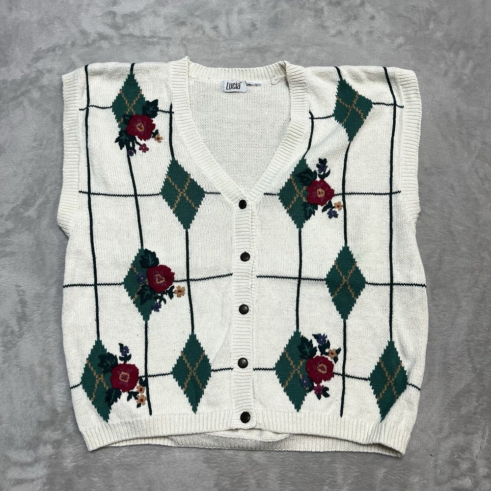 Vintage 80s 90s Lucia Plaid Floral Sweater Vest Cardigan Womens Size XL Preppy
